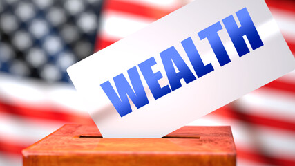 Fototapeta na wymiar Wealth and American elections, symbolized as ballot box with American flag in the background and a phrase Wealth on a ballot to show that Wealth is related to the elections, 3d illustration