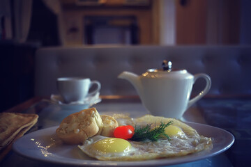 breakfast in a cafe, interior morning food hotel, teapot and cup serving restaurant
