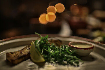 salad in cafe interior, asian cuisine, abstract in restaurant background