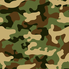 Fototapeta premium Camouflage is green. Military camo. Abstract background of green and brown spots. Fabric print. Vector