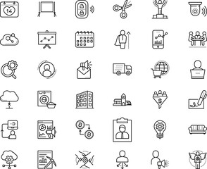 business vector icon set such as: idea, living, clean, freelancer, cart, loudspeaker, cv, cogwheel, employer, first, course, elements, specialist, profit, week, peer, speaker, loud, light, resume