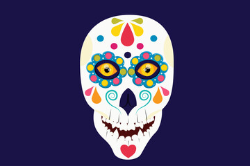 A Mexican skull with beautiful eyes is isolated on a dark background. Vector illustration in flat cartoon style. Skull for the day of death a Mexican holiday..