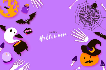 Happy Halloween party. Mystical night with Pumpkin, bat, bones, ghost. Trick or treat. Square frame. Space for text. Paper craft art