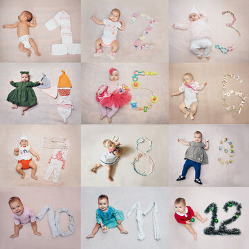 collage of children's photos: the concept of growing up by month step by step