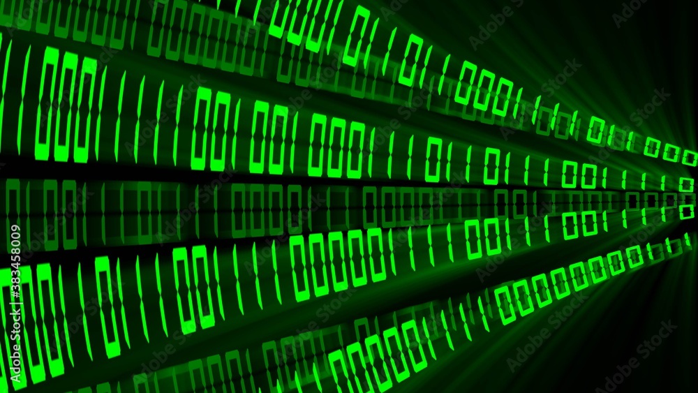 Poster bright green abstract binary code on black background with various shadow effects - 3d illustration