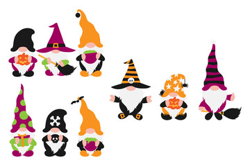 Halloween Gnomes Set with white beards in holiday costume with broom, witch pot, skull, bones, spider. Isolated without background. Cute farmhouse gnome for invitation, card, home decoration. Vector