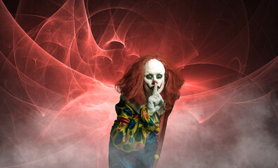 creepy halloween clown in front of abstract background with gesture to mouth