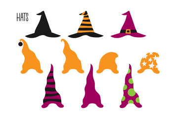 Gnome hats and caps for Halloween costumes or making characters or templates for photo, details for invitation, greeting card, holiday promo. Including witch and wizard sorcerer hat. Vector silhouette