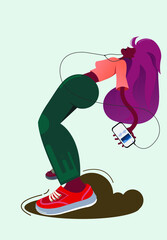 A girl in a bent pose listens to music.