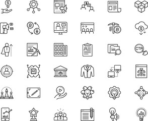 business vector icon set such as: coaching, illuminated, recruitment, focus, cryptocurrency, brick, tech, golden, solution, guide, glow, residential, arrow, phone, developer, classic, manage