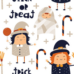 Halloween seamless pattern with cute Halloween characters and symbols – witch, mummy, candy cane, text Trick or treat. October magic background. Vector Illustration. Pattern is cut, no clipping mask.