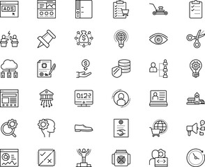 business vector icon set such as: achievement, railway, news, desktop, settings, search settings, needle, blue, explore, presentation, character, media, robot, nothing, employment, first, resource