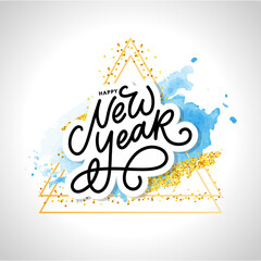 Happy New Year 2021 Beautiful greeting card poster with calligraphy black text word gold fireworks. Hand drawn design elements. Handwritten modern brush lettering watercolor golden frame