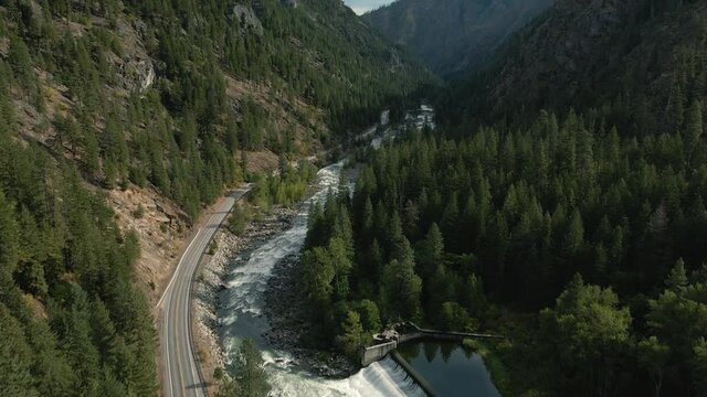 Drone Flying in Tumwater Canyon Along Scenic Highway and River