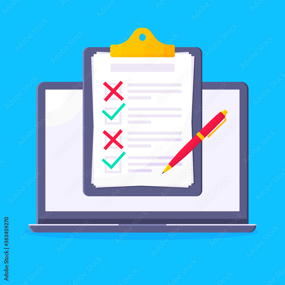 Poster complete checklist with check marks tick and x popped above the notebook or laptop monitor screen ic