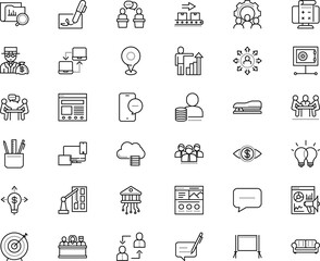 business vector icon set such as: working, interview - event, friends, banker, accuracy, statistics, furniture, destination, comfortable, cell, related, manufacture, payment, ipad, stapler, magnifier