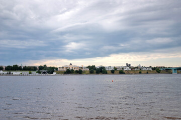 Fototapeta premium Yaroslavl. Volga embankment, the view from the river. Historical buildings, the building of the school for girls of spiritual rank.