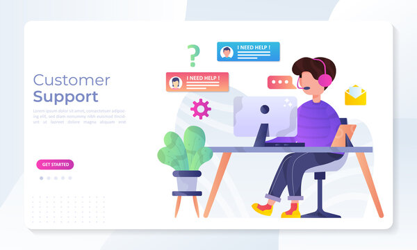 Customer Support concept design, Operator with headset doing live feedback, hotline operator advises client, Suitable for web landing page, ui, mobile app, banner template. Vector Illustration