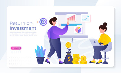 ROI concept, Return on investment, people managing financial chart, profit income,  Suitable for web landing page, ui, mobile app, banner template. Vector Illustration