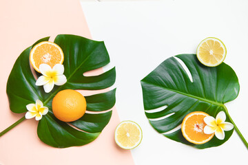 Fresh oranges and tropical leaf. Cutted citrus fruit for natural cosmetics.
