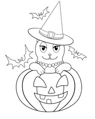 Cat - witch celebrates Halloween - vector linear illustration for coloring. Coloring page with a cat looking out of a Halloween pumpkin and bats. Cute kitten in a witch's hat. Outline.