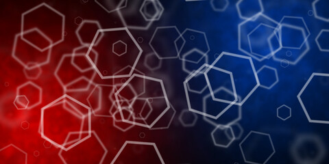Abstract red and blue background with flying hexagonal shapes