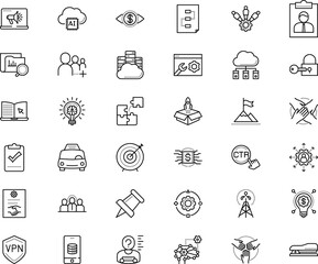 business vector icon set such as: magnifier, sheme, transport, wonder, student, tick, cogwheel, needle, attach, financial, construction, electric, anonymous, launch, stapler, reminder, puzzle, chip
