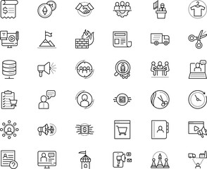 business vector icon set such as: orator, headline, paying, delivering, lite coin, cylinder, freight, bill, consulting, hanger, career, chain, coaching, logistics, chronometer, ancient, action