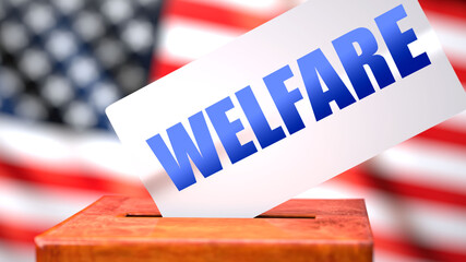 Fototapeta na wymiar Welfare and American elections, symbolized as ballot box with American flag in the background and a phrase Welfare on a ballot to show that Welfare is related to the elections, 3d illustration