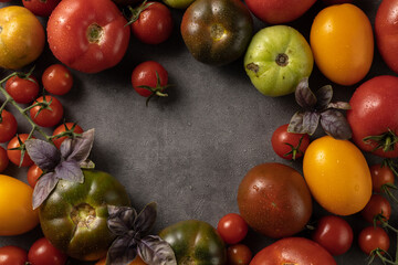 beautiful composition of assorted tomatoes of different colors on a dark background with place for text
