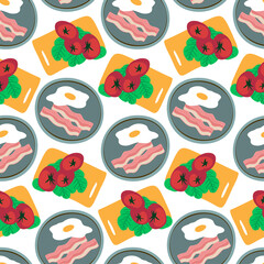 Seamless vector colorful pattern healthy breakfast with eggs, bacon and tomatoes