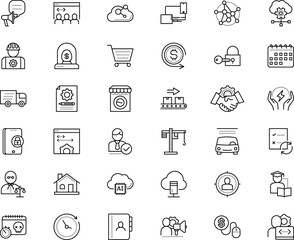 business vector icon set such as: crane, loud hailer, start, chat, job, workplace, green, lamp, activity, scull, bullhorn, logistics, grid, business incubator, ecology, advisor, gesture, target, hub