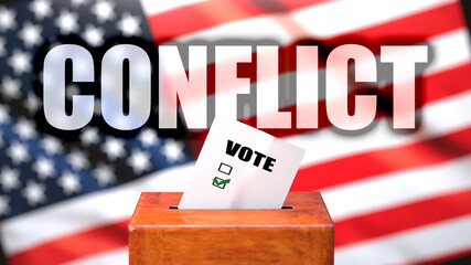 Fototapeta premium Conflict and voting in the USA, pictured as ballot box with American flag in the background and a phrase Conflict to symbolize that Conflict is related to the elections, 3d illustration