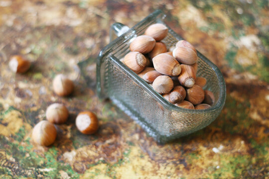 Haseln&uuml;sse in einem kleinen Glasschuber, N&uuml;sse f&uuml;r eine gesunde und ausgewogene Ern&auml;hrung bei veganern und Vegetariern