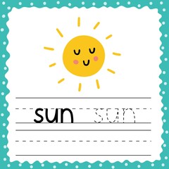 Flashcard with word Sun for kids. Writing practice activity page. Trace words worksheet