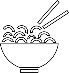 A plate of noodles with chopsticks contour. Vector black and white illustration. Great for labels, menus, posters, banners, vouchers, coupons, business promotion and more.