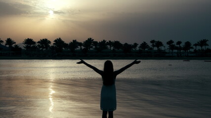 Beautiful girl silhouette standing arms wide open at sand beach in sunrise.