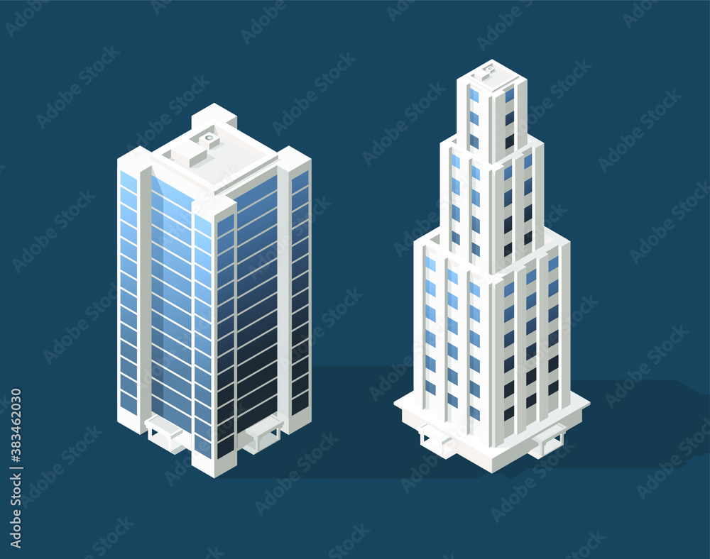 Poster isometric high quality city building with shadows on colored background . isolated vector elements