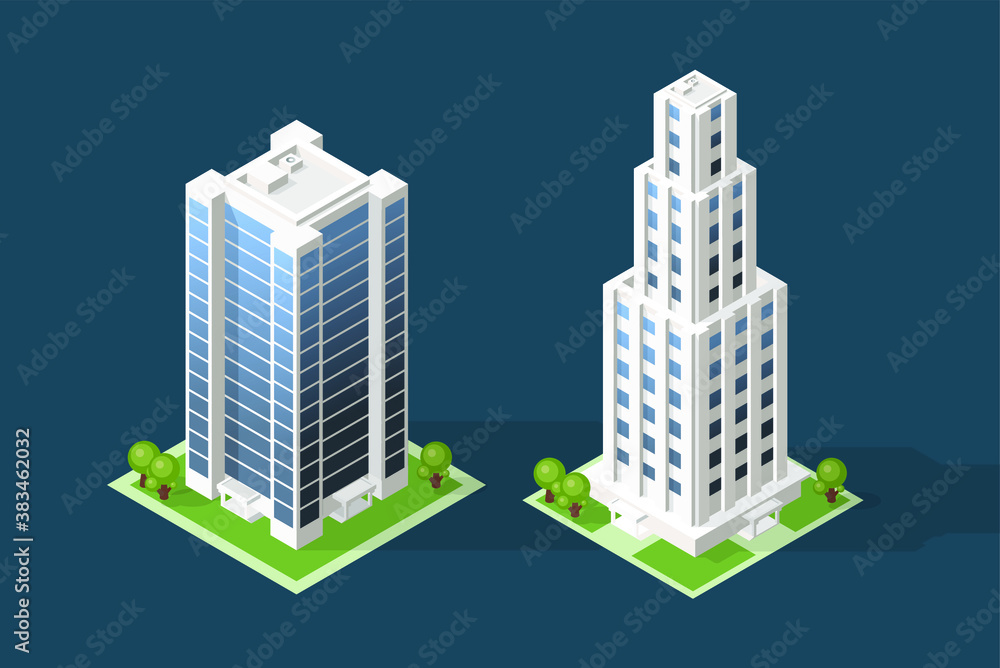 Aufkleber isometric high quality city building with shadows on colored background . isolated vector elements