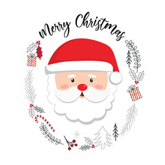 Cute Santa face on wreath, vector illustration