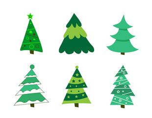 Set Different abstract green Christmas trees with tinsel and without. Collection of Christmas trees, modern flat design. vector illustration.
