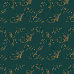 Vector illustration olive branch - linear style. Seamless pattern in minimalistic style.