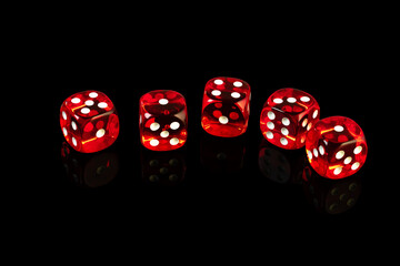 Red playing dice with shadow for tabletop games and poker isol