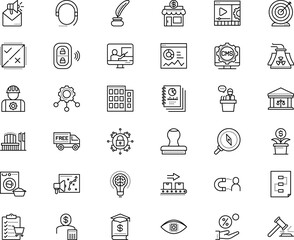 business vector icon set such as: college, atom, classic, door, thinking, presenter, email, express, transport, labor, laptop, search, label, inkstand, template, justice, auction, progress