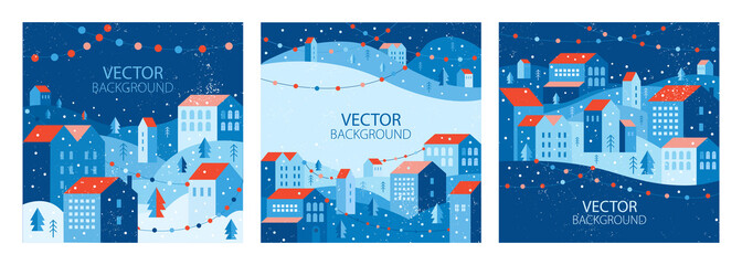 Urban landscape in a geometric minimal flat style. New year and Christmas city with garlands. Vector set of social media post design template, cards, mobile app, banner, internet ads. Space for text.