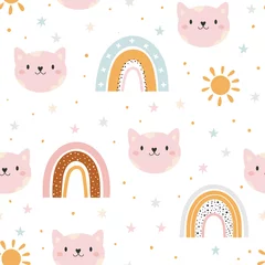 Gordijnen Leuke kat en regenboog naadloos patroon © rosypatterns
