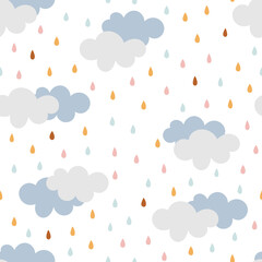 Clouds and raindrops seamless background