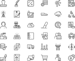 business vector icon set such as: thin, blue, reading, ideas, encryption, program, stationary, motion, purchase, archive, foot, cogwheel, writing, upload, learning, opinions, outline, multilingual
