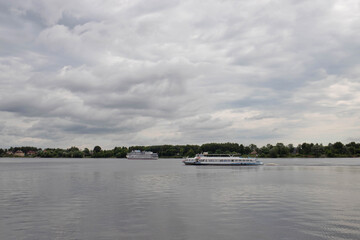 Bright summer day in the Strelka of Yaroslavl Beautiful landscaping of the Park on the embankment of the Volga and Kotorosl in Yaroslavl