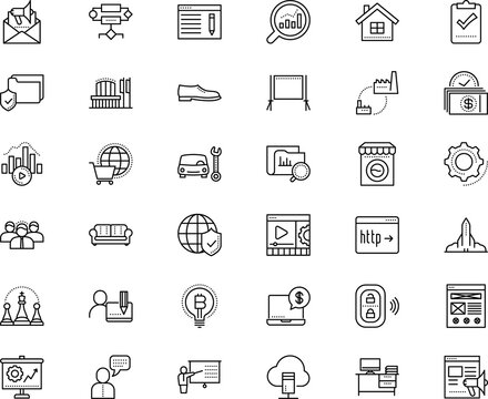 business vector icon set such as: smart, lifestyle, cloud, stream, add, production, future, seminar, logic, cursor, dollar, layout, smart key, shuttle, side, rook, click, users, designer, treasure